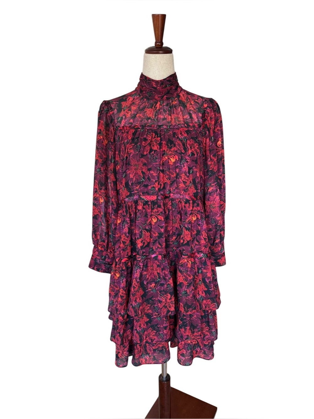 Cinq A Sept Stargazer Lilies Riva Ruffle Tiered Moody Floral Mini Dress sz 4